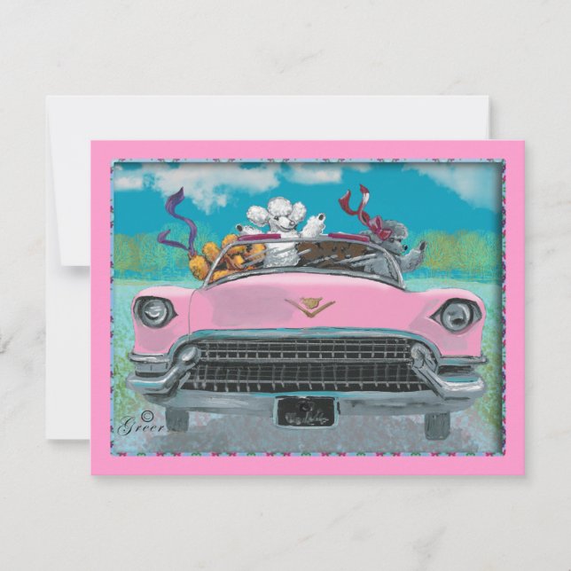Poodles in Pink Cadillac Retro Print Invitation (Front)