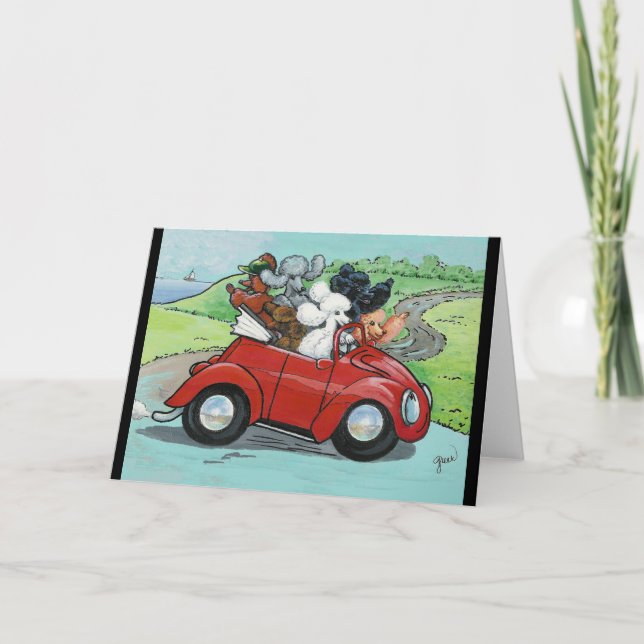 Poodles in Vintage Red Convertible Card (Front)