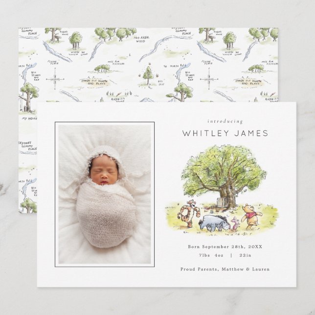 Pooh and Pals Watercolor Baby Birth Announcement (Front/Back)