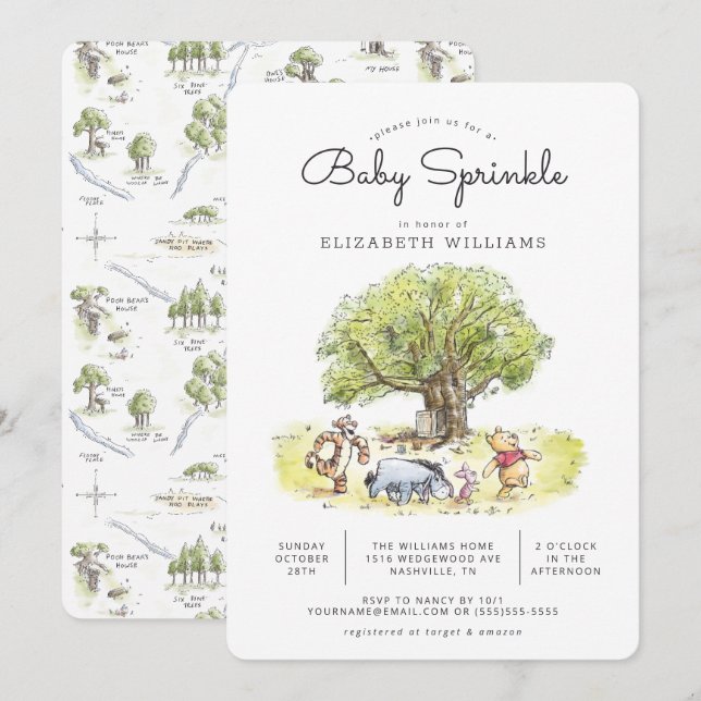 Pooh and Pals Watercolor Baby Sprinkle Invitation (Front/Back)