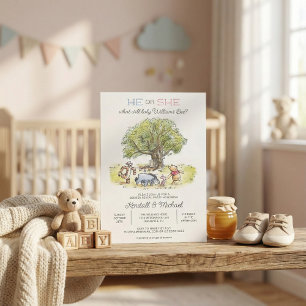 Pooh and Pals Watercolor Gender Reveal Baby Shower Invitation