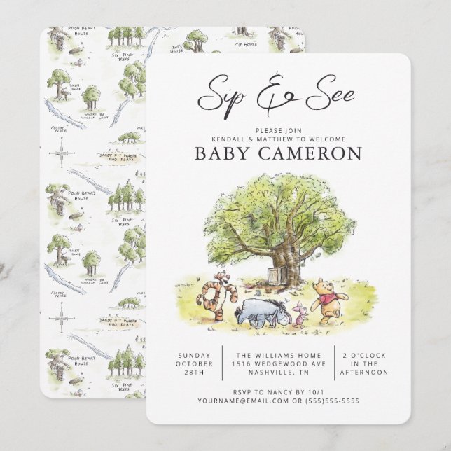 Pooh and Pals Watercolor Sip and See Invitation (Front/Back)