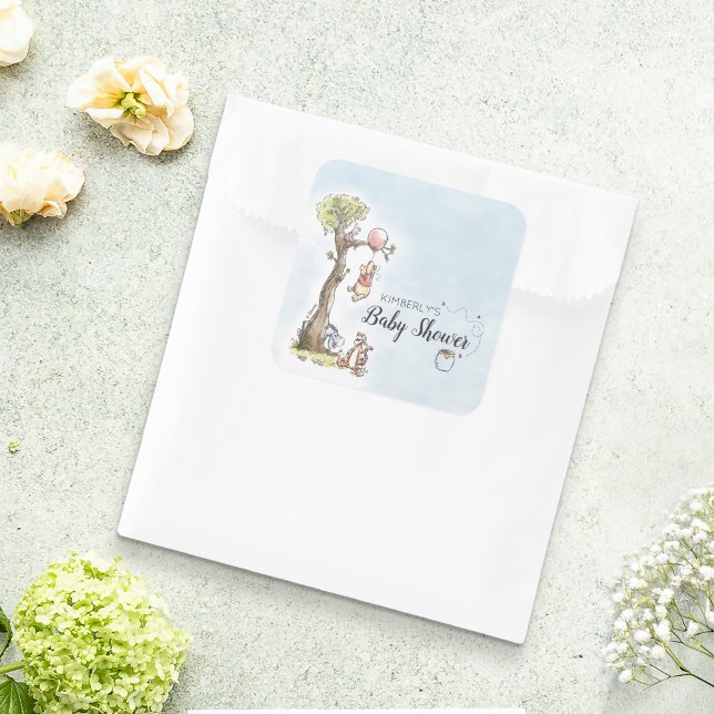 Pooh & Friends Watercolor | Baby Shower Square Sticker (Sticker on treat bag)