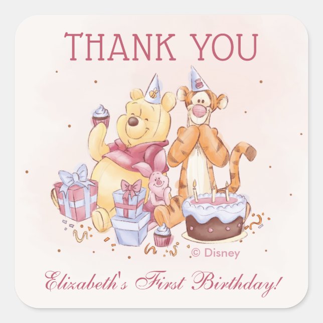 Pooh & Friends Watercolor |  Birthday Thank You Square Sticker (Front)