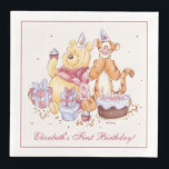 Pooh & Friends Watercolor | First Birthday Napkin<br><div class="desc">This super cute Birthday napkin features Winnie the Pooh,  Tigger and Piglet along with a birthday cake and presents. Personalize by adding your own custom message.</div>