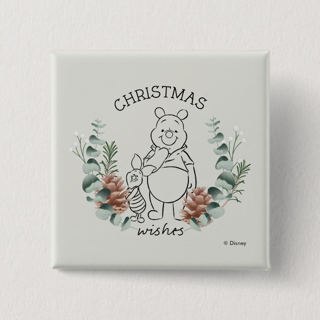 Pooh & Piglet | Christmas Wishes Wreath 2 Inch Square Button (Front)