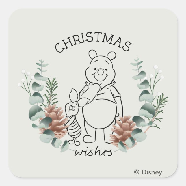 Pooh & Piglet | Christmas Wishes Wreath Square Sticker (Front)