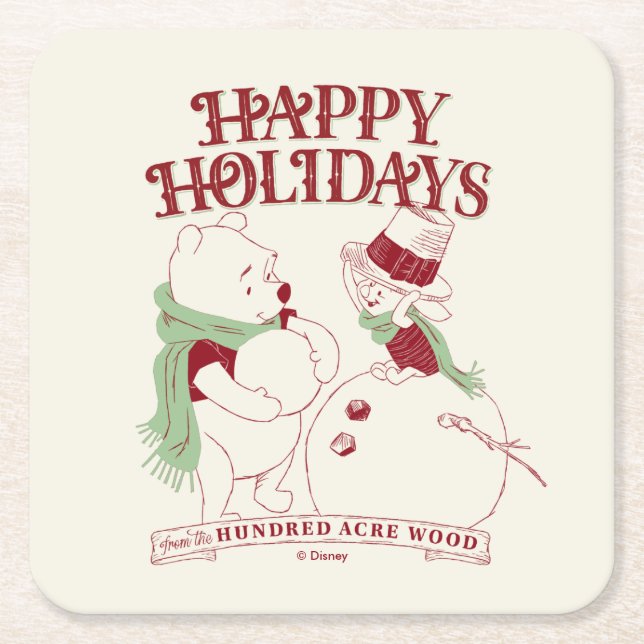 Pooh & Piglet | Happy Holidays Square Paper Coaster (Front)