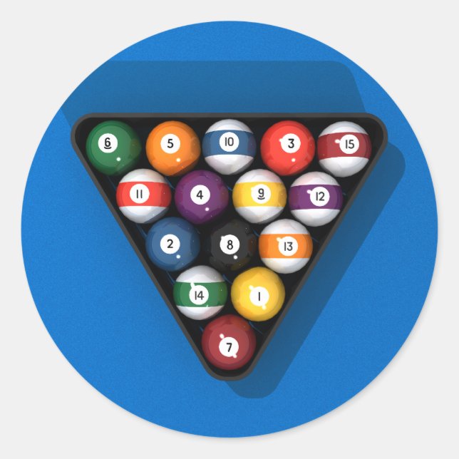 Pool Balls on Blue Felt Billiards Table: Classic Round Sticker (Front)