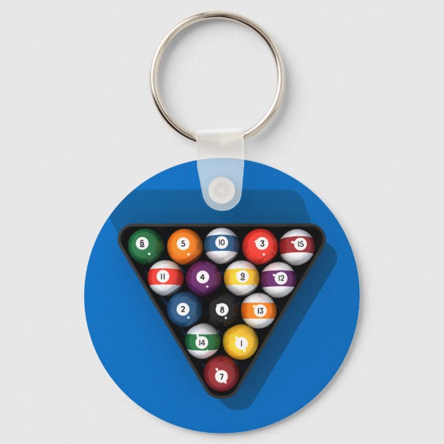 Pool Balls on Blue Felt Billiards Table: Keychain (Front)