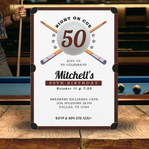 Pool Billiards 50th Birthday Party White Invitation