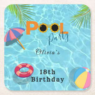 Pool Birthday Party celebration theme Square Paper Coaster