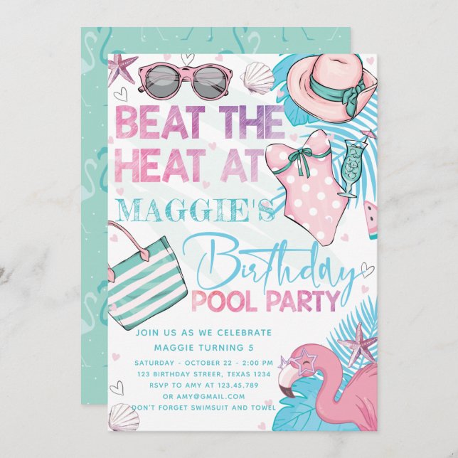 Pool Birthday Party Cute Pink Turquoise Invitation (Front/Back)