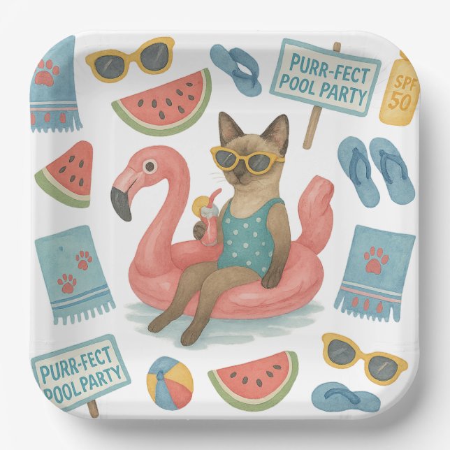Pool Birthday Party for Cat Lovers  Paper Plate (Front)