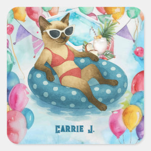 Pool Birthday Party for Cat Lovers Square Sticker