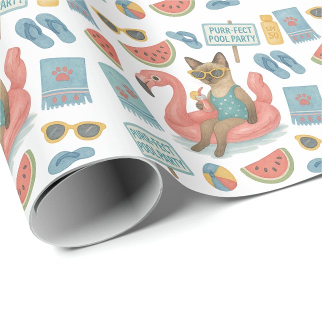 Pool Birthday Party for Cat Lovers  Wrapping Paper (Roll Corner)