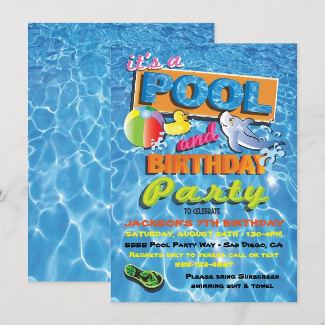 Pool Birthday Party Invitations with pool toys (Front/Back)