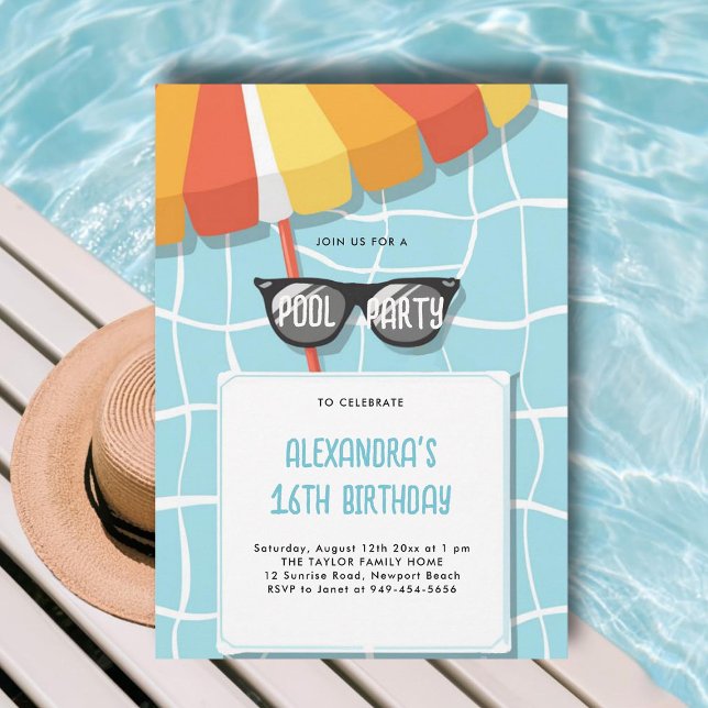Pool Birthday Party Modern Cool Teen Sweet 16 Invitation (sweet 16 pool party invitations ideas modern simple pink yellow orange teal aqua cool sunglasses)