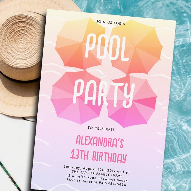 Pool Birthday Party Pink Umbrellas Cool Teen Tween Invitation (teen pool party invitations for girls tween thirteen pink umbrellas pattern cute modern cool girly)