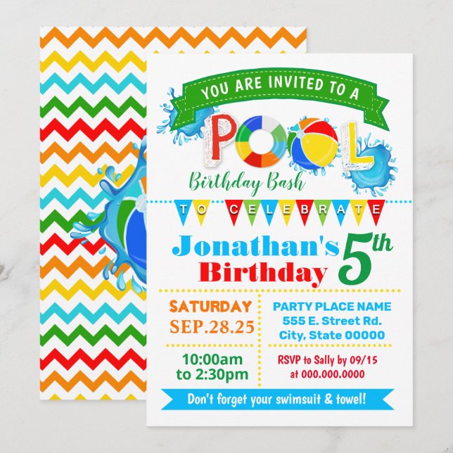 Pool birthday party summer bash invitation (Front/Back)