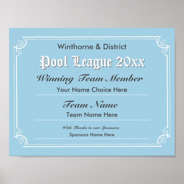 Pool Competition Certificate Poster (Front)
