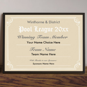 Pool Competition Certificate Poster