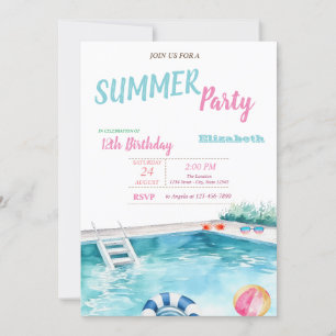 Pool Float Glasses Flowers Summer Birthday Party Invitation