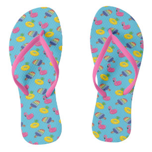 Pool Floats Patterned Bright Blue and Pink Summer Flip Flops