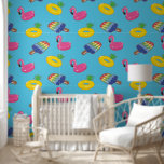 Pool Floats Patterned Bright Blue and Pink Summer Wallpaper<br><div class="desc">Decorate your pool house or add a summertime touch to your next craft project with this patterned peel and stick wallpaper. My illustrations of an assortment of inflatable pool floats in bright summery colours are set against a bright pool blue background.</div>