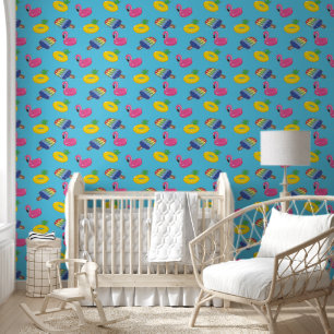 Pool Floats Patterned Bright Blue and Pink Summer Wallpaper