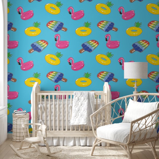 Pool Floats Patterned Bright Blue and Pink Summer Wallpaper (Kids)