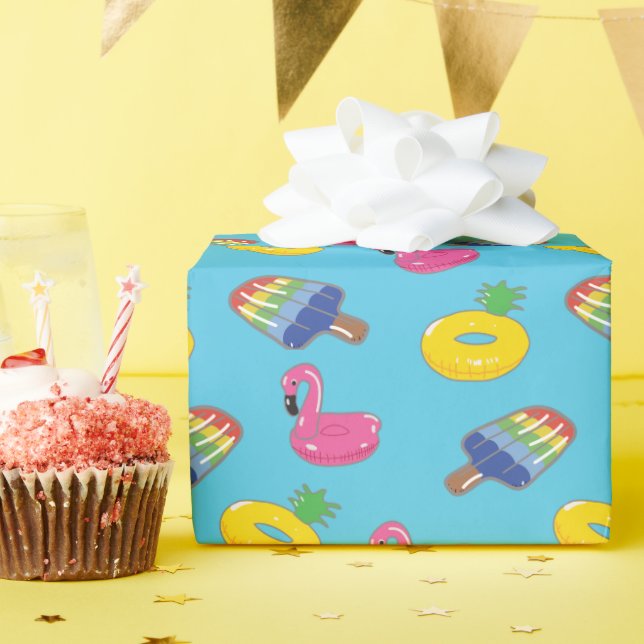 Pool Floats Patterned Bright Blue and Pink Summer Wrapping Paper (Birthday Party)