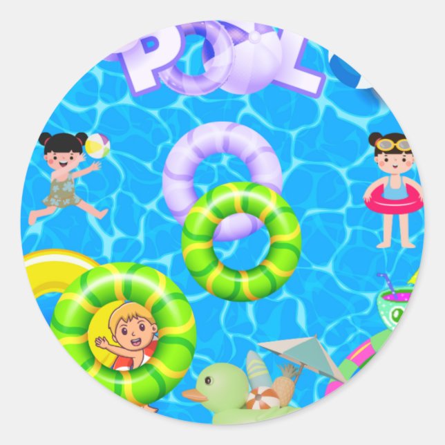pool fun and play birthday classic round sticker (Front)