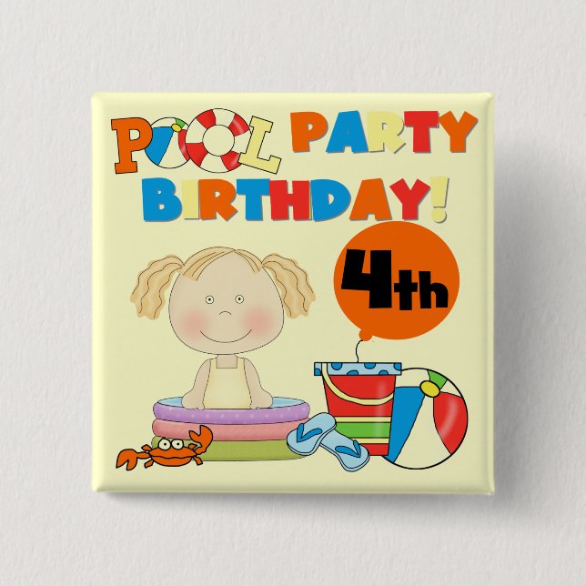 Pool Party 4th Birthday Tshirts and Gifts 2 Inch Square Button (Front)
