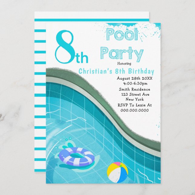 Pool Party 8th Birthday Party Invitations (Front/Back)