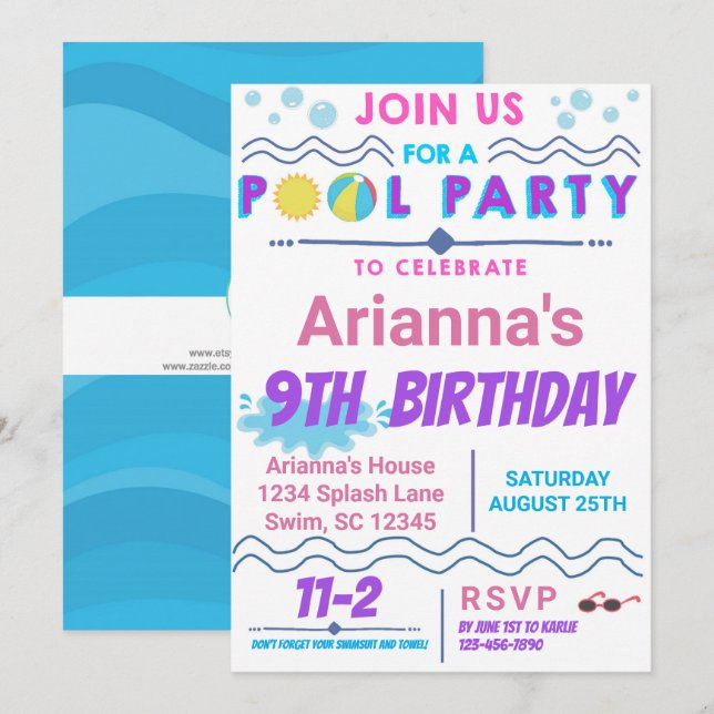 Pool Party baignade Anniversaire Invitation (Devant / Derrière)