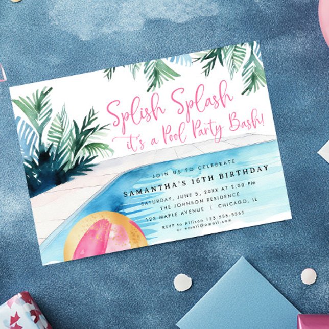 Pool Party Bash Summer girls pink birthday party Invitation (Creator Uploaded)