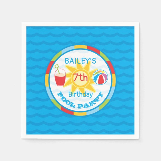 Pool Party Beach Ball Birthday Party Colourful Napkin (Front)