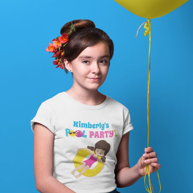 Pool Party Birthday Brunette Girl Cute Custom T-Shirt (Creator Uploaded)