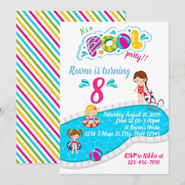 Pool party birthday invitation (Front/Back)