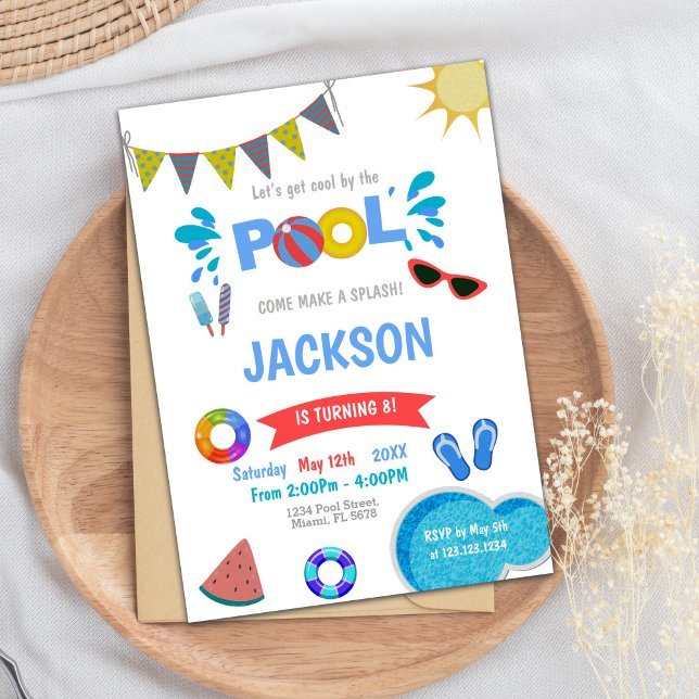 Pool Party Birthday Invitation (Red Sunglass Blue Cloud Pool Birthday Invitations)