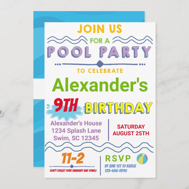 Pool Party Birthday Invitation (Front/Back)