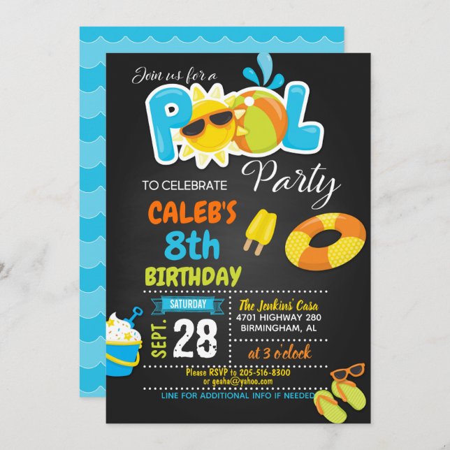 Pool Party Birthday Invitation - Boy (Front/Back)