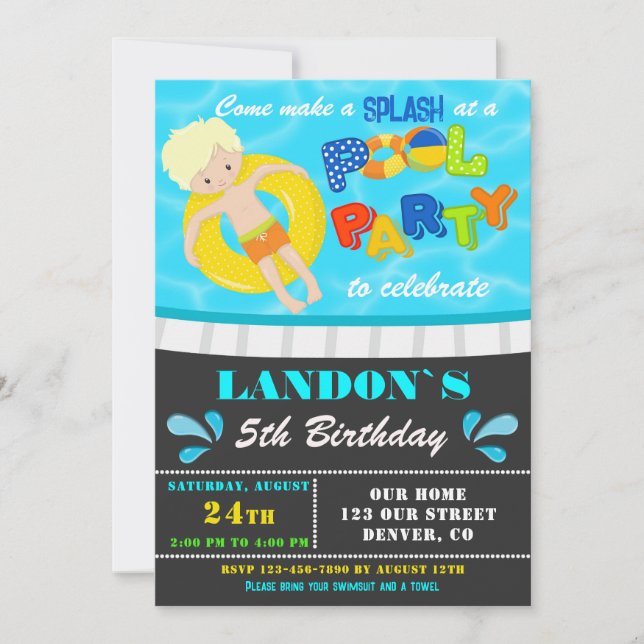 Pool party birthday invitation Boy pool invite (Front)