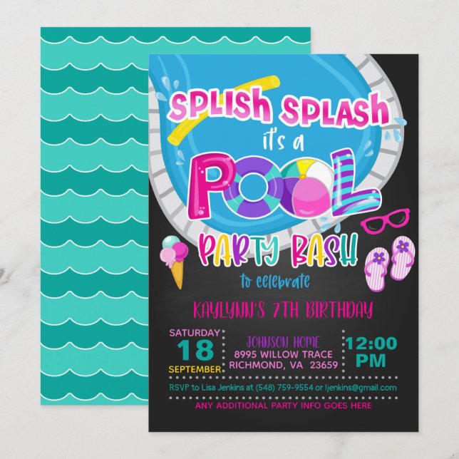 Pool Party Birthday Invitation - Girl BL (Front/Back)