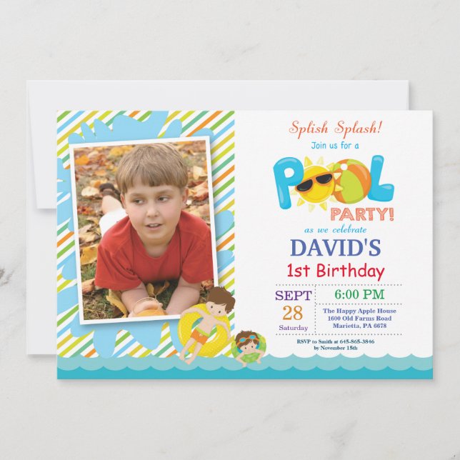 Pool Party Birthday Invitation Splish Splash Boy (Front)
