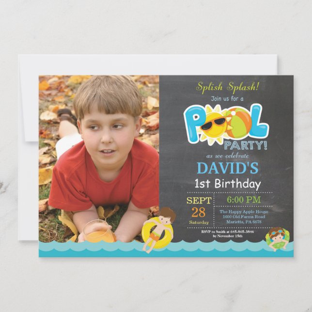 Pool Party Birthday Invitation Splish Splash Boy (Front)