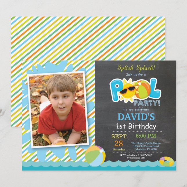 Pool Party Birthday Invitation Splish Splash Boy (Front/Back)