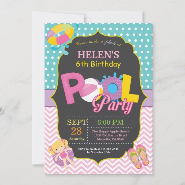 Pool Party Birthday Invitation Splish Splash Girl (Front)