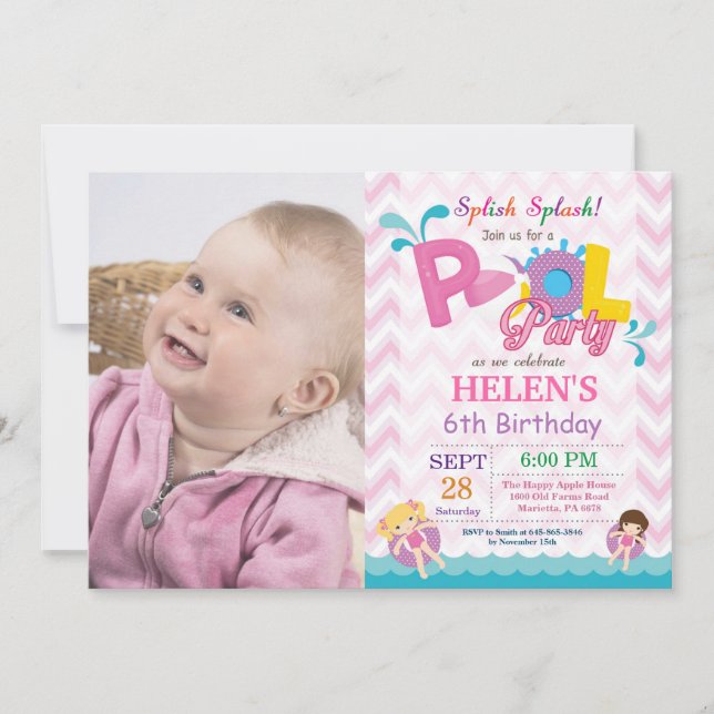 Pool Party Birthday Invitation Splish Splash Girl (Front)